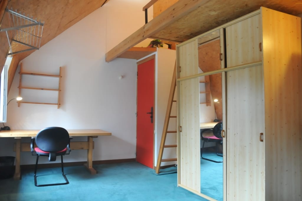 Attic room 5 with desk, wooden wardrobes and mezzanine bed